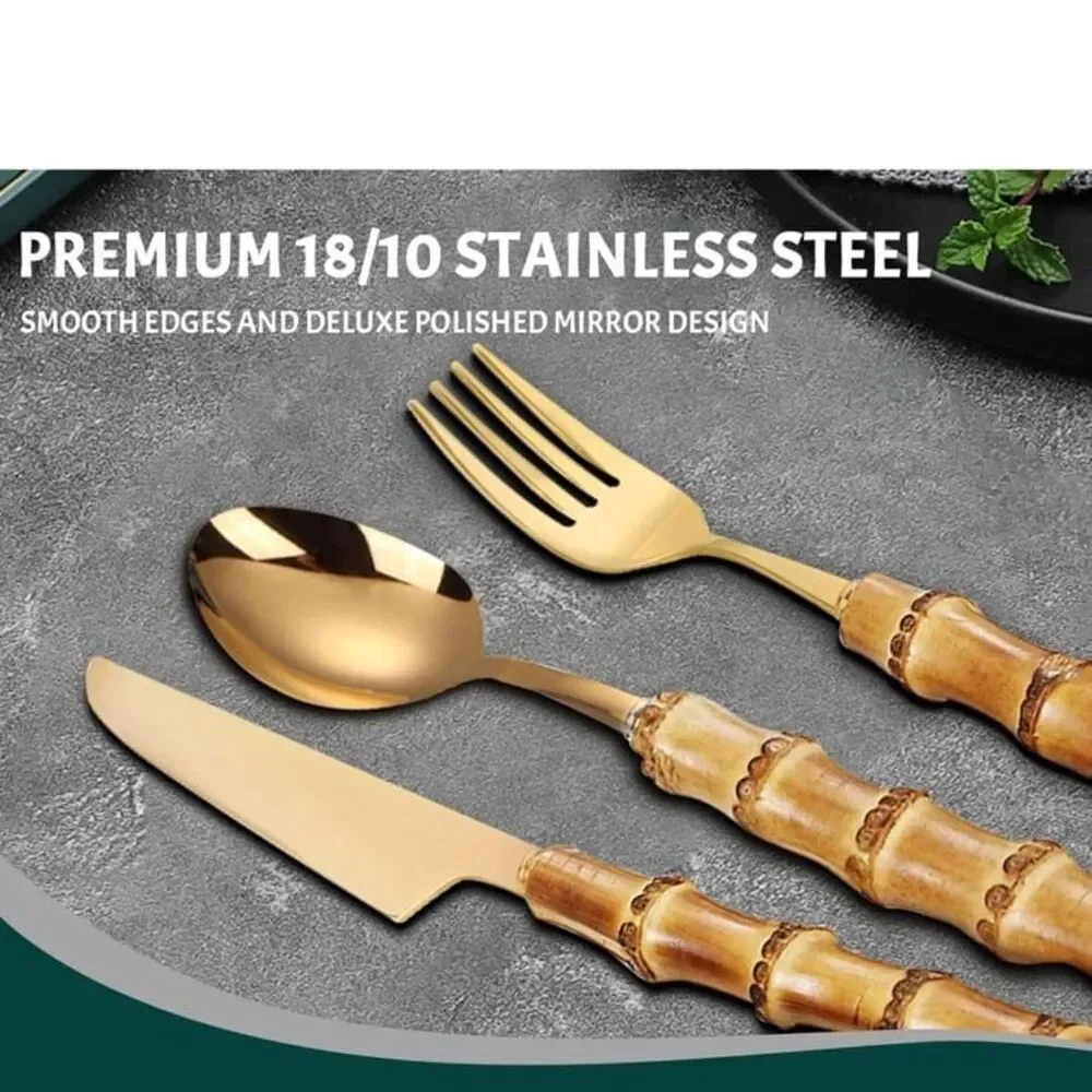 Gold- plated stainless steel natural bamboo cutlery set by US designers Natalia